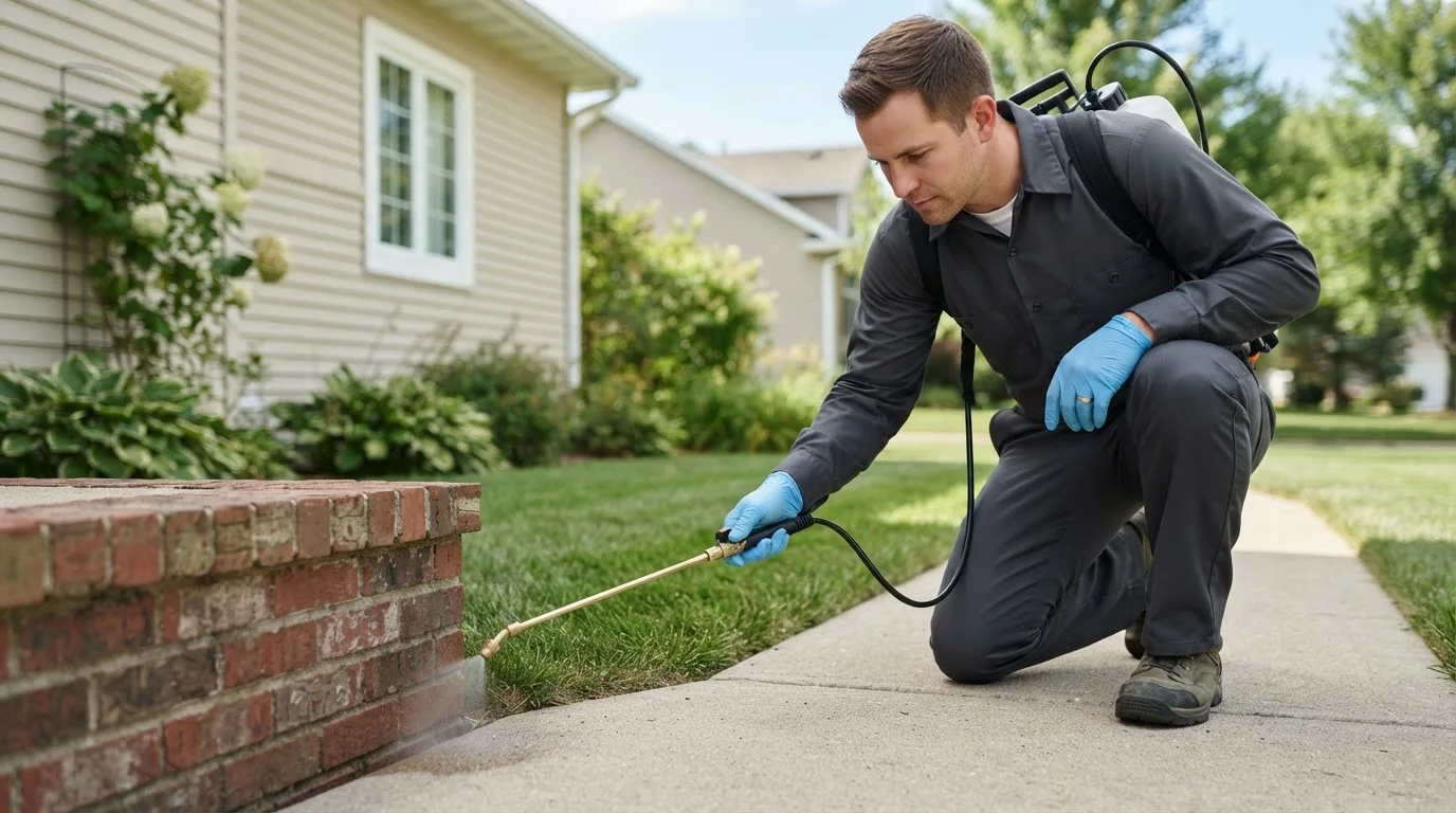 Pest control technician treating a home near Clyde, NC