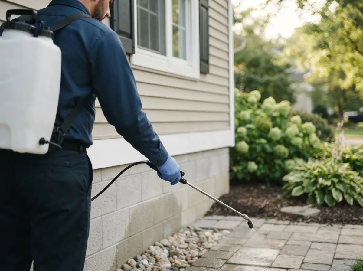 Pest control technician inspecting a home in Clyde, NC